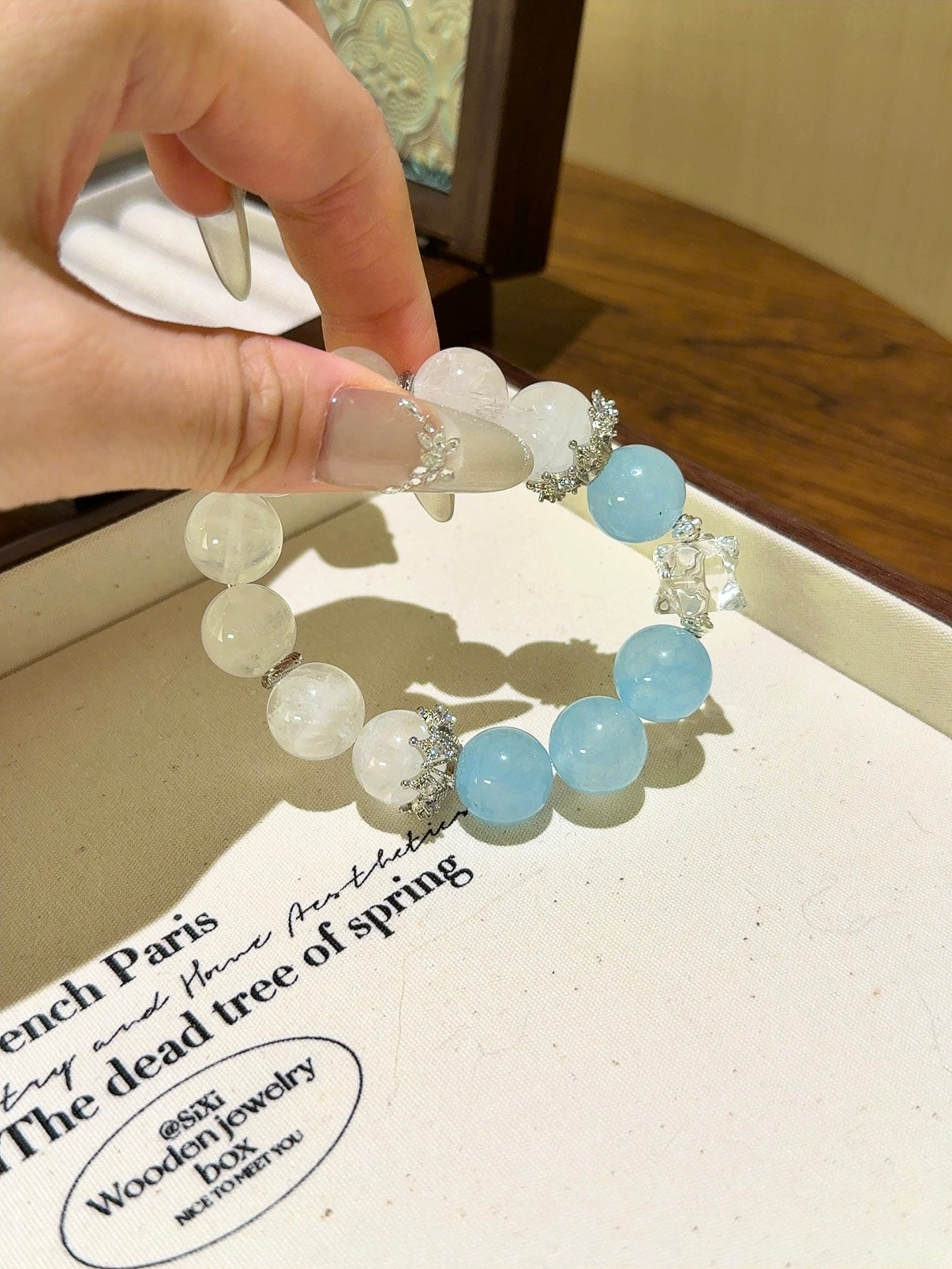 ▫️▪️ Blue chalcedony white ghost white crystal mercaba bracelet